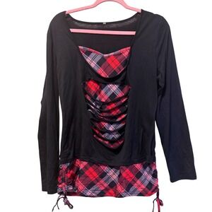 Y2K Layered Ladder Cut Black Plaid Long Sleeve Top Red Tartan XL Grunge Emo Punk